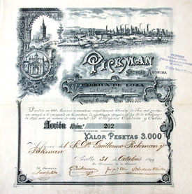 Acción de Pickman S.A. emitida en 1899