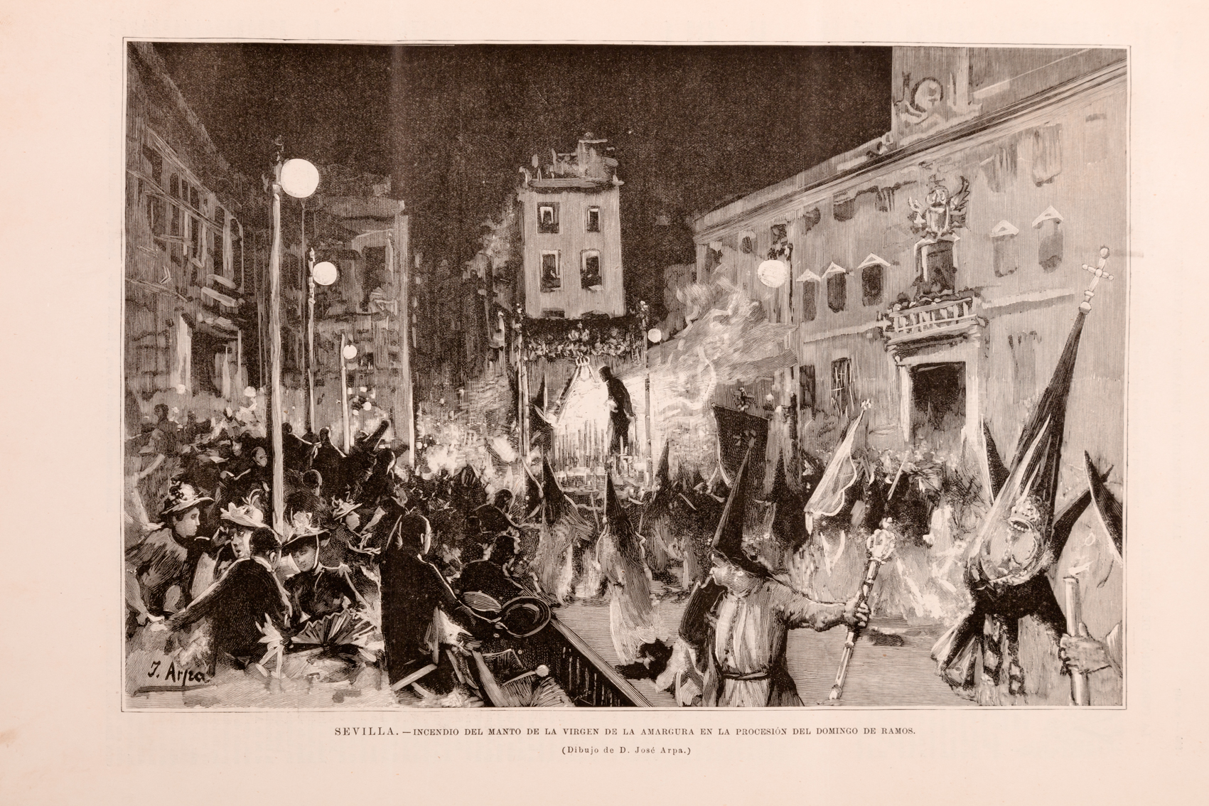 Anónimo (grabador), José Arpa Perea (dibujante). Incendio del manto de la Virgen de la Amargura en la procesión del Domingo de Ramos, 1893. Fotograbado.