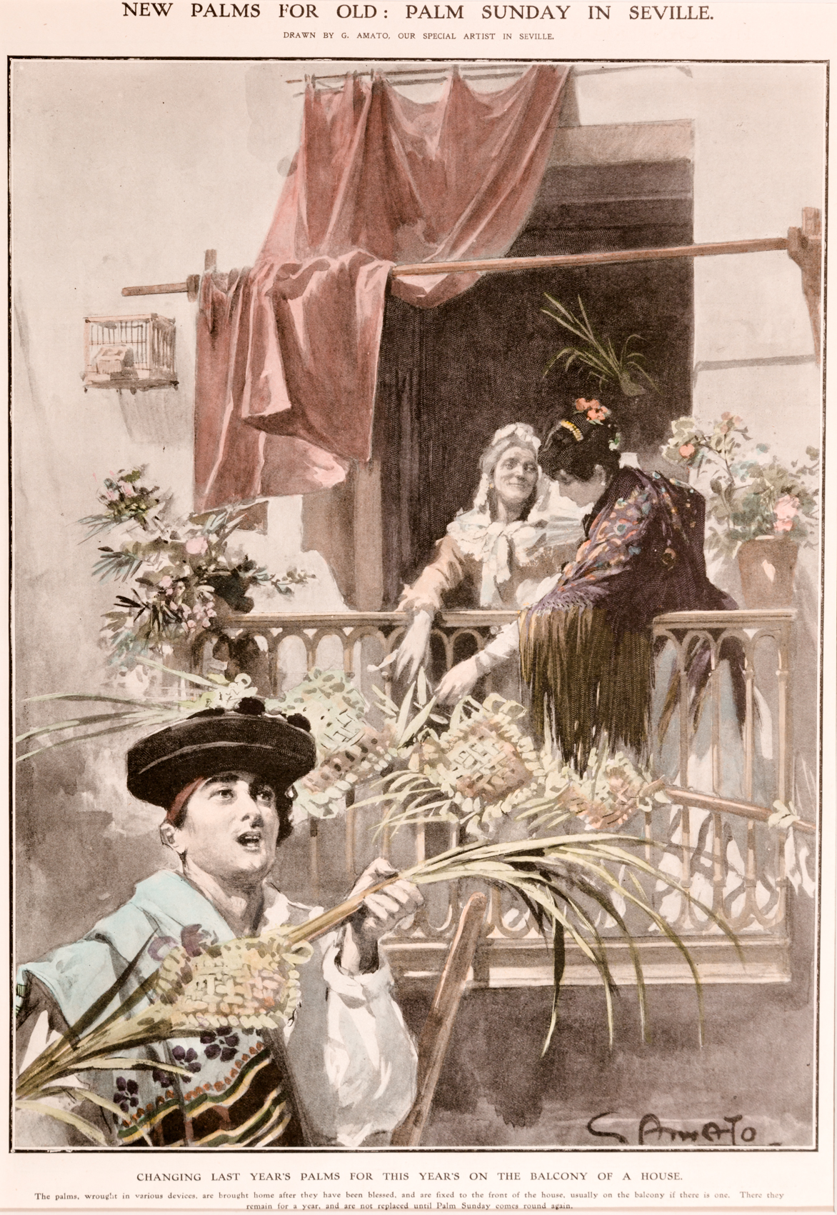 Genaro Amato (dibujante). Domingo de Ramos en Sevilla. Cambiando las palmas,1906.Fotograbado.